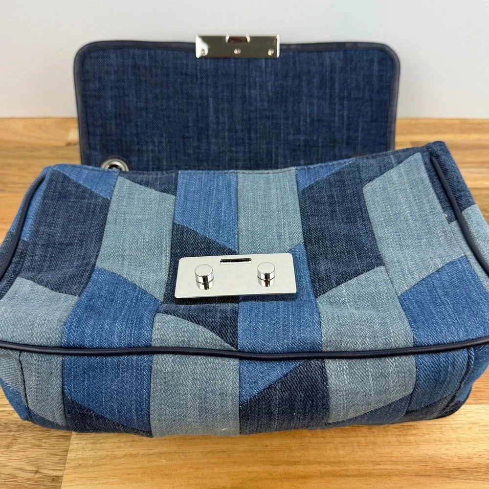 Michael Kors Sloan Denim Patchwork Shoulder Bag Blue Silver Chain Crossbody